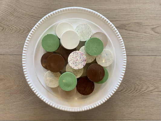 White Brown and Green Chocolate covered Cake Pucks